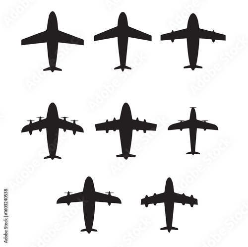 Black planes icon set isolated on white background. Aircraft silhouettes with turbines and propellers