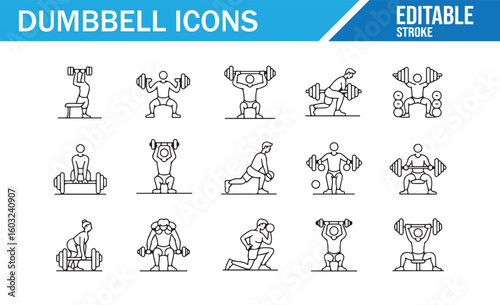 Collection of gym workout icons featuring dumbbell exercises for fitness and bodybuilding projects