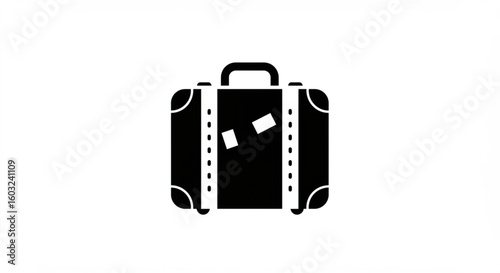 A black silhouette of a suitcase with handle and straps, featuring two white stickers.