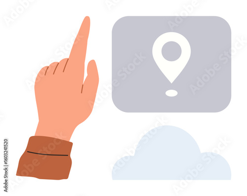 Hand reaching up towards location pin marker inside a digital interface. Ideal for navigation, direction, technology, communication, cloud computing, maps, and user interaction concepts. Simple flat