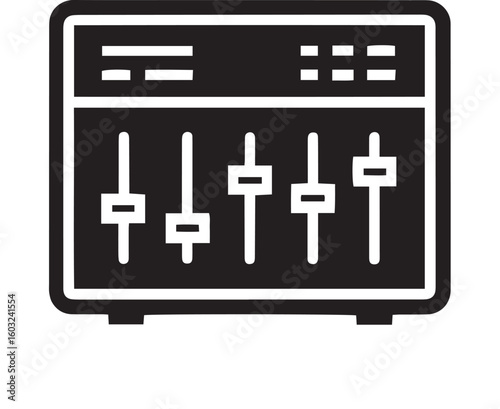 Black and white flat icon of an audio mixer with five vertical faders and minimalist control panel.