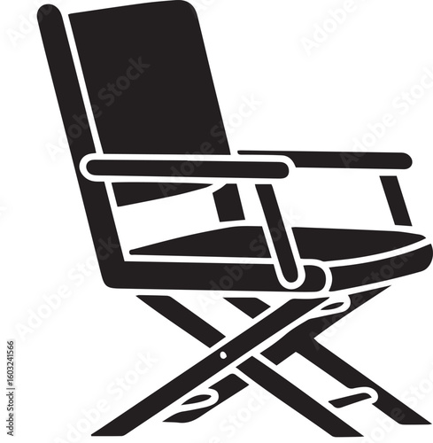 Black and White Folding Chair Silhouette, Armrests, Outdoor Furniture, Vector Illustration.