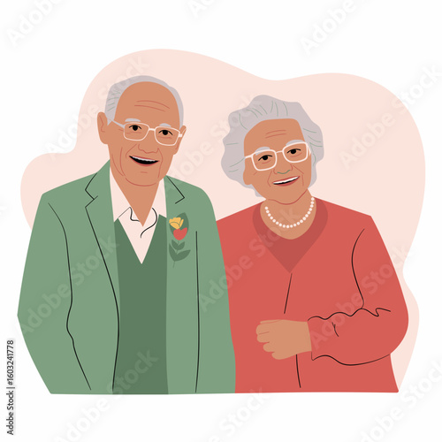 Elderly couple smiling together with glasses on pink background, concept of International Day of the Elderly  