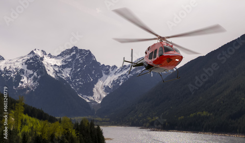 Red Helicopter Flying Through Mountain Valley in Majestic Alpine Landscape