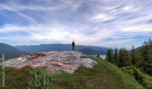 3D Rendering of a Lone Hiker Exploring a Scenic Mountain Landscape