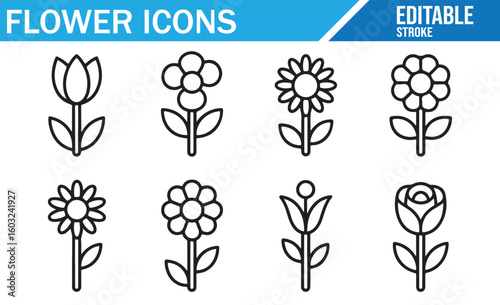 Set of flower icons representing various floral designs for gardening and decoration

