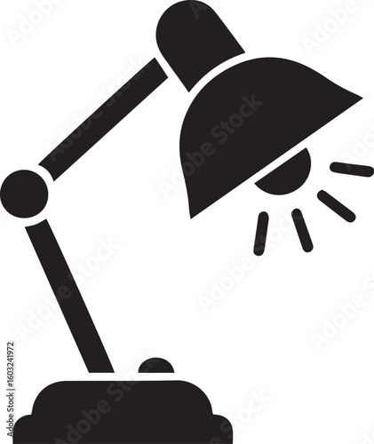 Classic adjustable desk lamp icon in a solid black silhouette style, turned on and shining light.