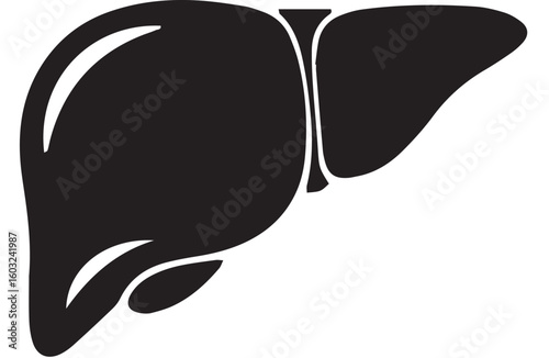 Detailed black silhouette graphic icon of human liver showing distinct anatomical lobes.