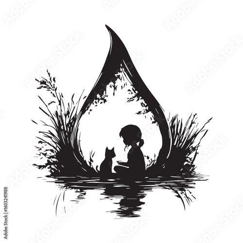 girl with a cat reading a book, sitting inside a drop, fantasy, graphics, black and white graphics, silhouette, sketch
