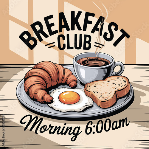 Savor a delightful morning start with a classic breakfast plate featuring a golden croissant, fried egg, toast, and steaming coffee, perfect for cafe menus and food blogs.