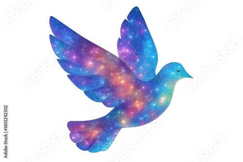 Spiritual dove soaring with colorful galaxy pattern feathers, symbolizing peace, freedom, and cosmic connection on a transparent background