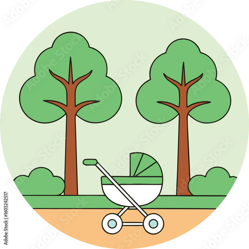 Green baby stroller parked on orange path between two trees and bushes pram carriage