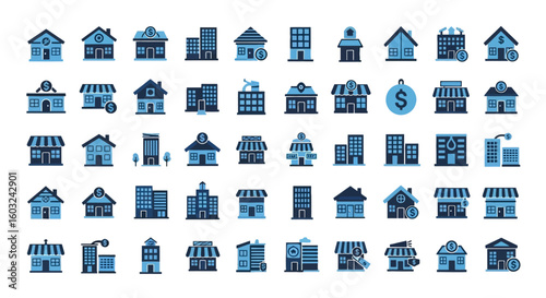 Collection of blue building icons depicting various architectural styles including houses, shops, offices, and skyscrapers on a white background.