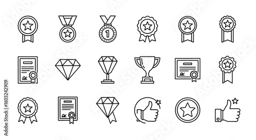 Collection of achievement icons: medals, awards, certificates, diamonds, and thumbs up.