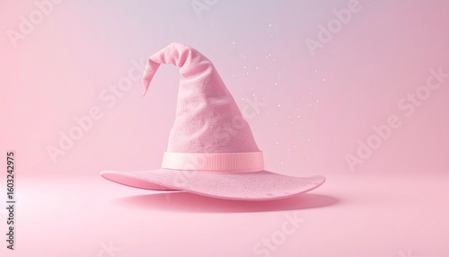 A pink witch hat on pastel pink background.