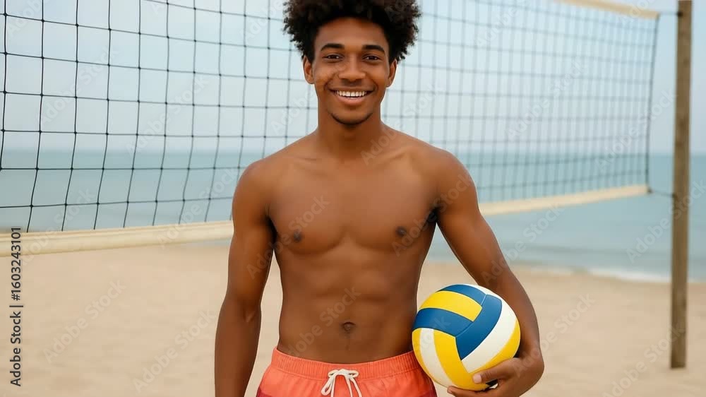 Young African American guy on the beach in front of a beach volleyball net with a ball in his hands, active lifestyle on vacation, portrait of a sporty guy on the beach near a volleyball net