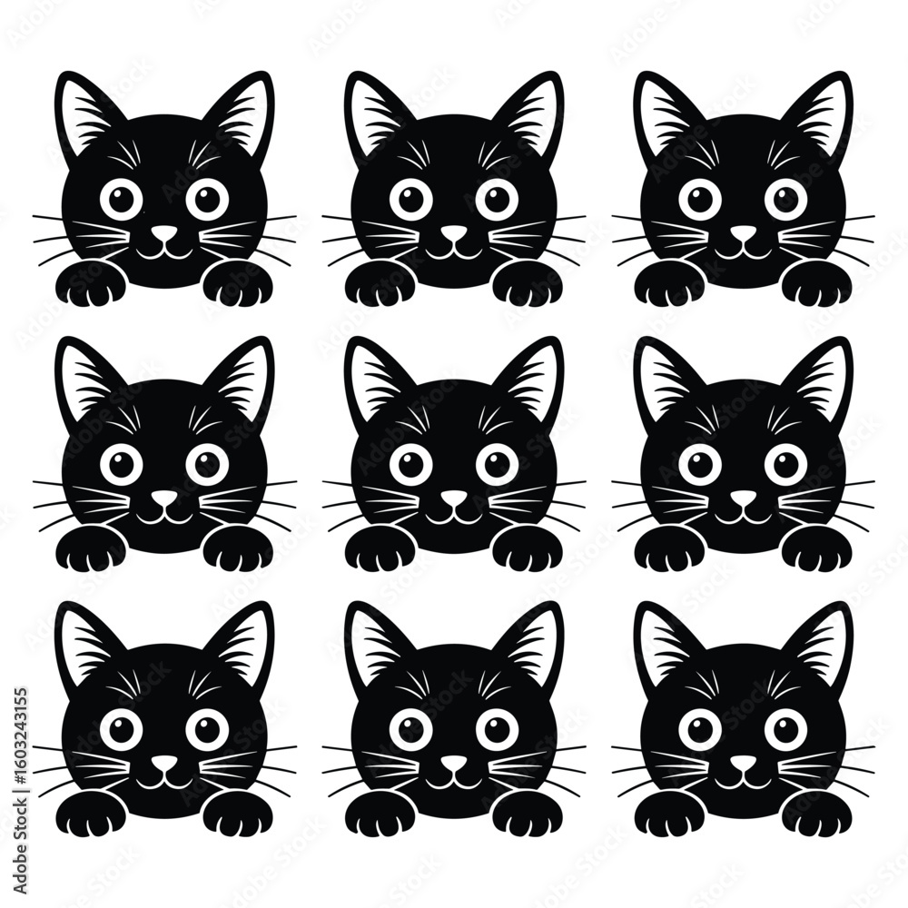 Fototapeta premium Nine cute black cat faces peeking out silhouette