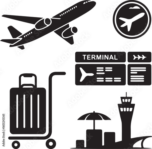 Airplane travel airport transportation and luggage icons aircraft terminal