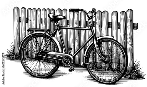 Classic bicycle by a wooden fence in woodblock style, black and white