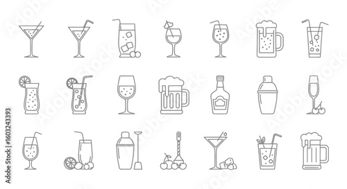 A collection of various alcoholic beverages in line art style, perfect for design.