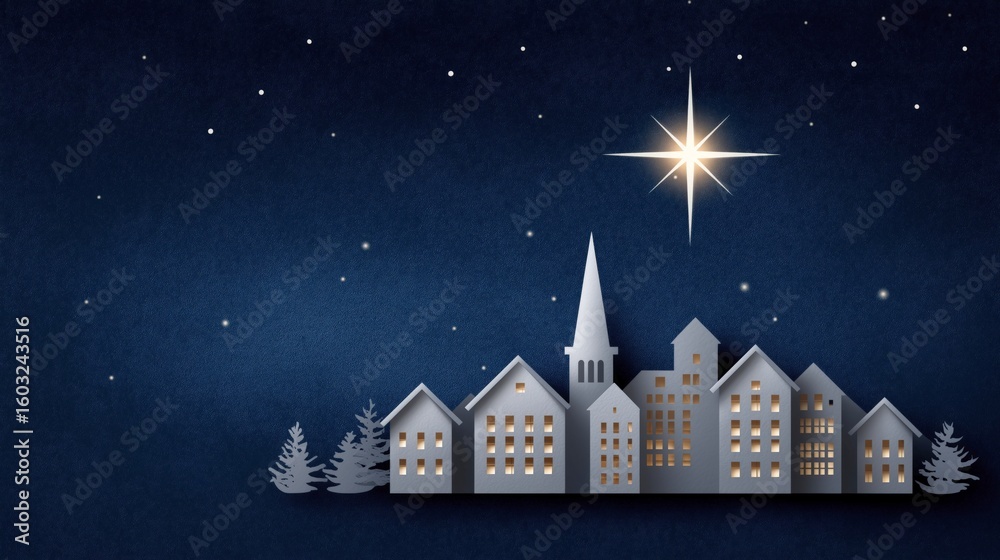 Fototapeta premium A stylized depiction of a white paper-cut village sits against a dark blue background with small white dots scattered across it, resembling stars, and a large, bright star with radiating light
