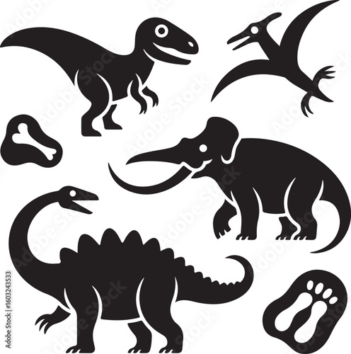 Black dinosaur silhouettes and footprints on white pterodactyl