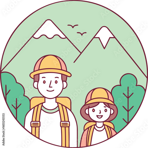 Two smiling hikers with backpacks in front of green mountains and trees hiking couple