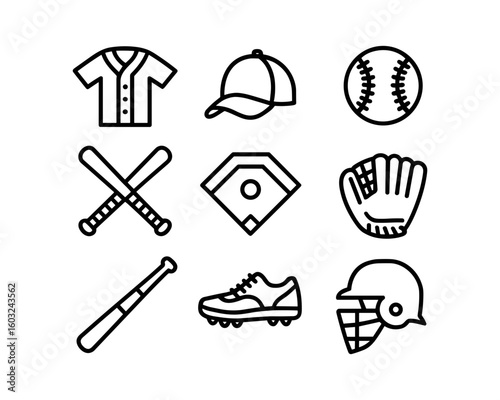Baseball Line Icons Set Vector Sports Equipment and Gear Collection