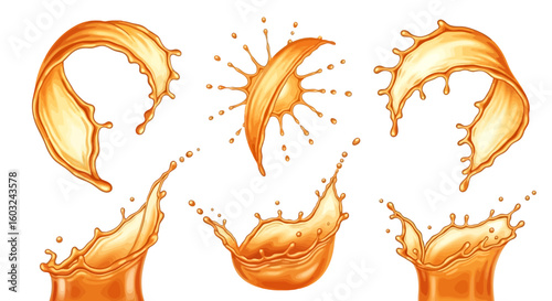 Orange juice splashes, various shapes and sizes, isolated on white background.