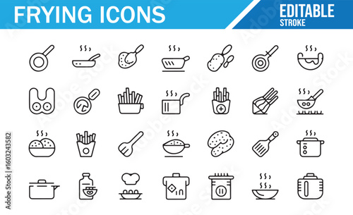 Editable kitchen icons including frying pans, deep fryers, and cooking utensils

