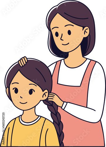Woman braiding a childs hair with a pink apron and yellow shirt hairstyle