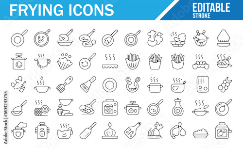 Set of frying icons featuring frying pans, food preparation, cooking tools, and kitchen appliances, editable stroke vector illustrations for cooking and food-related themes