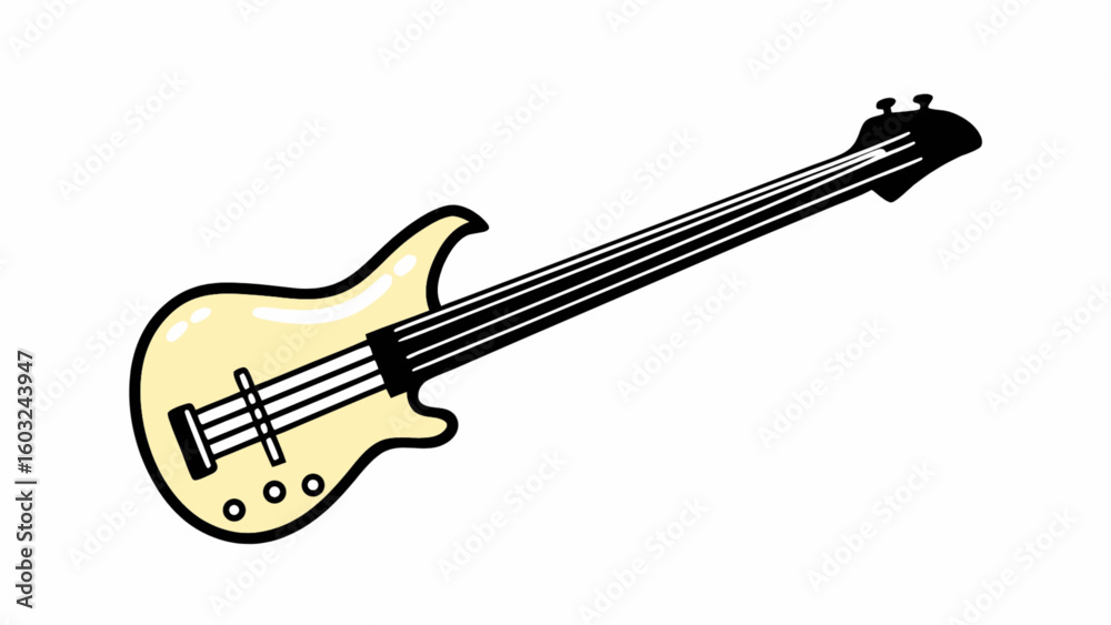 Fototapeta premium A vibrant yellow bass guitar illustration with bold black outlines on a white backdrop perfect for musicthemed designs