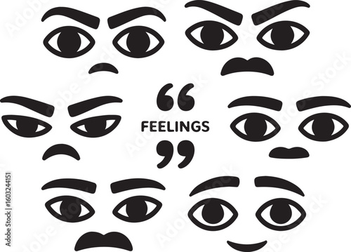 Diverse facial expressions and emotions conveyed through eyes and mouths black