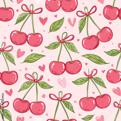 Cherries with pink bows seamless pattern on pastel background. Ideal for feminine design, summer packaging, fabric, wrapping paper, and cute product branding.