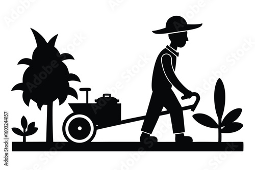 Black Silhouette of Gardener with Cart and Plants, Outdoor Work Illustration