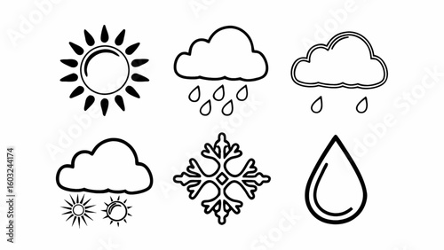 A collection of simple black and white weather icons representing various atmospheric conditions