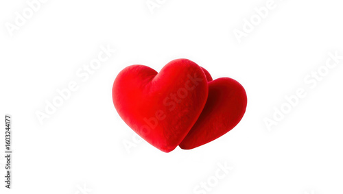 Two plush red hearts nestled together symbolizing love and romance isolated on a transparent background