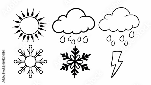 A set of simple black and white weather icons featuring sun rain clouds snowflakes and lightning