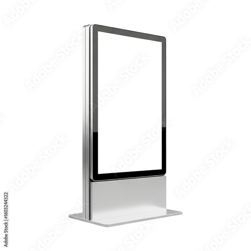 Modern digital advertising kiosk with a blank vertical touch screen display. Freestanding information stand mockup isolated on white for commercial use.