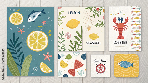 Colorful flat lay of seafood-themed illustrations with fish, crab, lemons, and ocean elements. Playful and artistic design perfect for culinary, marine, or children's content.