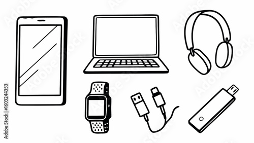 Electronic devices in line art smartphone laptop headphones smartwatch usb cable and flash drive representing modern technology