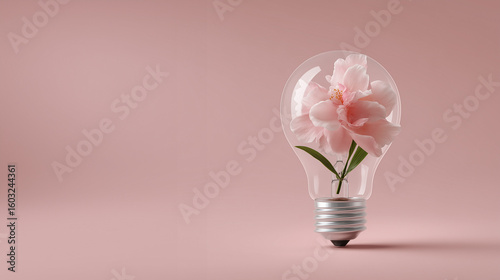 Beautiful Pink Flower Encased in a Clear Light Bulb on Neutral Background