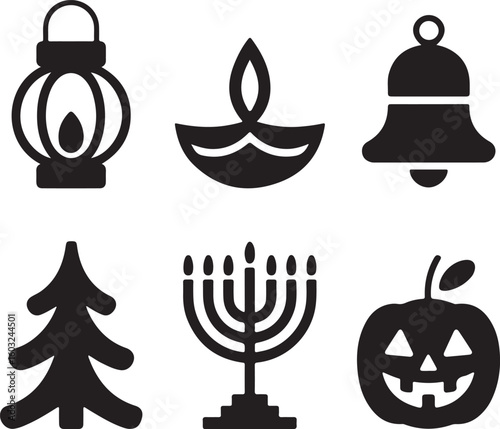 Festive symbols including lantern bell tree menorah and pumpkin flame