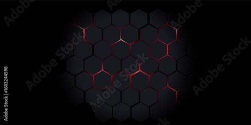 Dark gray and red horizontal hexagonal technology abstract vector background. red bright energy flashes under hexagon in futuristic modern technology wide banner.