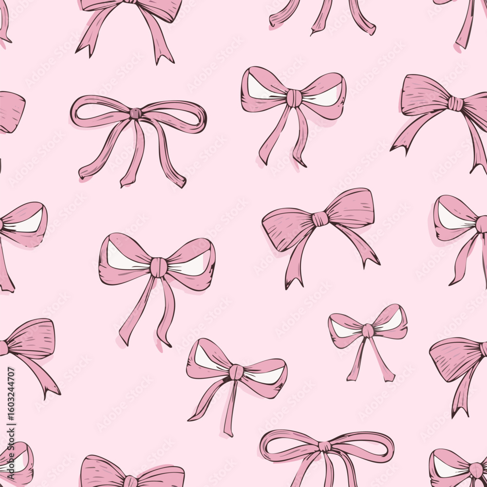 Seamless pattern with hand-drawn pink and white bows on soft pastel background. Perfect for kids' products, gift wrap, textile, and cute design themes Seamless pattern with hand-drawn pink and white bows on soft pastel background. Perfect for kids' products, gift wrap, textile, and cute design themes