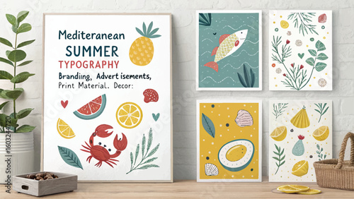 Colorful flat lay of seafood-themed illustrations with fish, crab, lemons, and ocean elements. Playful and artistic design perfect for culinary, marine, or children's content.