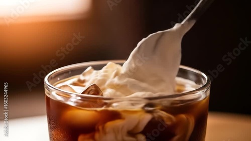 Iced coffee drink topped with whipped cream