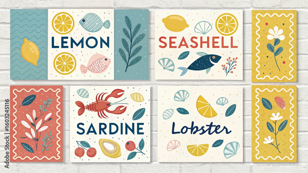 Naklejka premium Colorful flat lay of seafood-themed illustrations with fish, crab, lemons, and ocean elements. Playful and artistic design perfect for culinary, marine, or children's content.