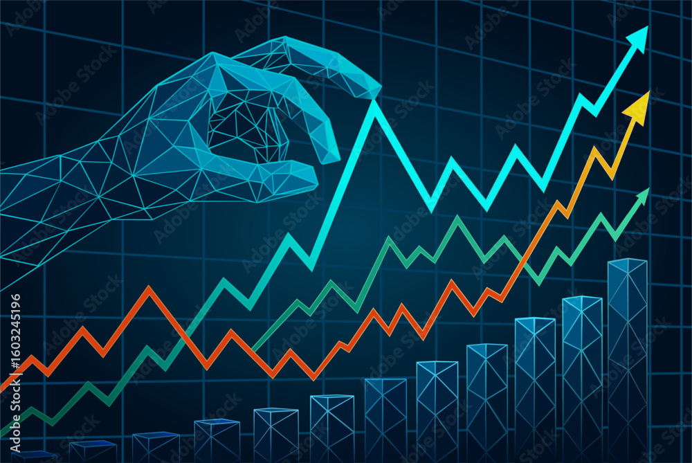 Naklejka premium AI Financial Analytics Concept Polygonal Graphs Controlled by Invisible Artificial Intelligence